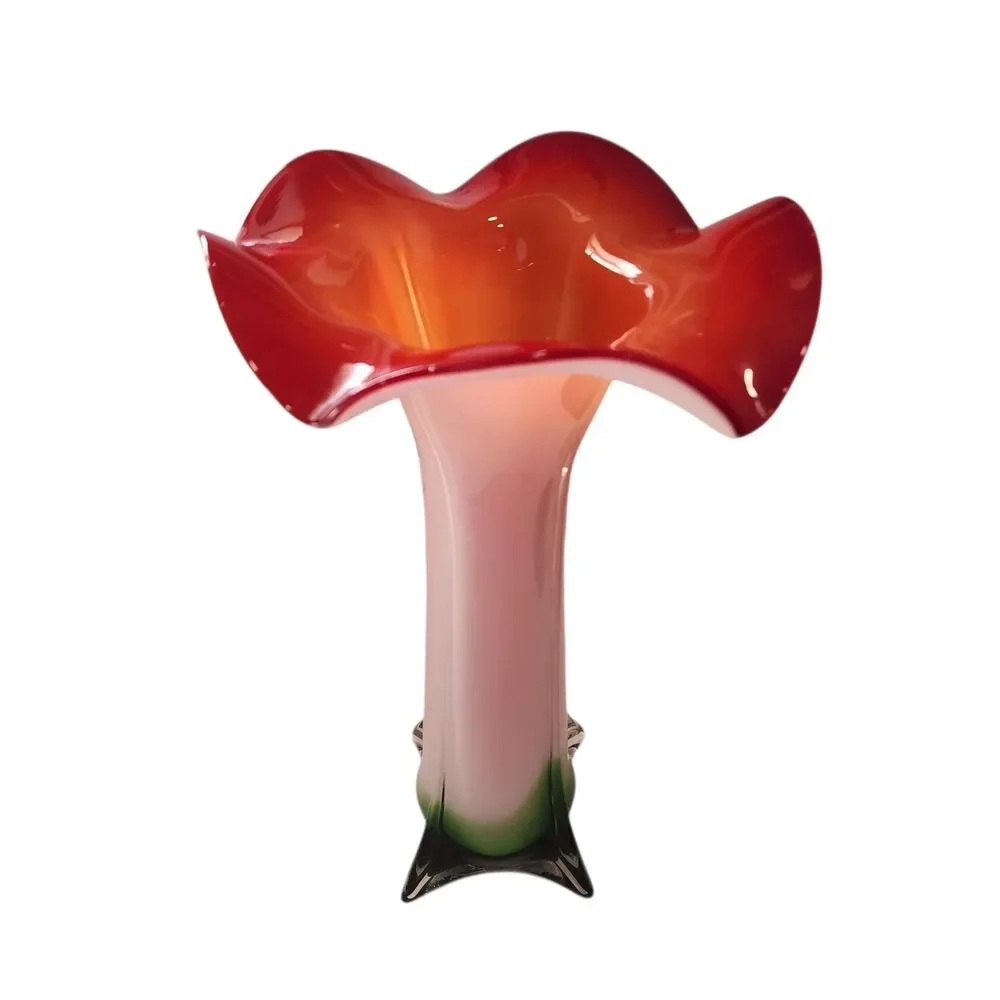 Pier 1 Hand Blown Art Glass Vase Red Green Amber Ruffled‎ Fluted MCM Decor